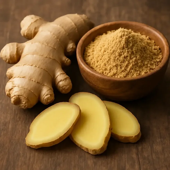 Fresh ginger root with sliced pieces and ground ginger in a small bowl