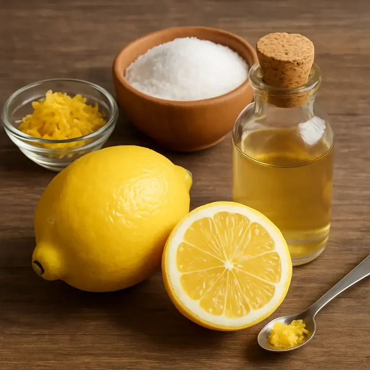 Whole and halved lemons with zest and a small bottle of lemon extract on a board