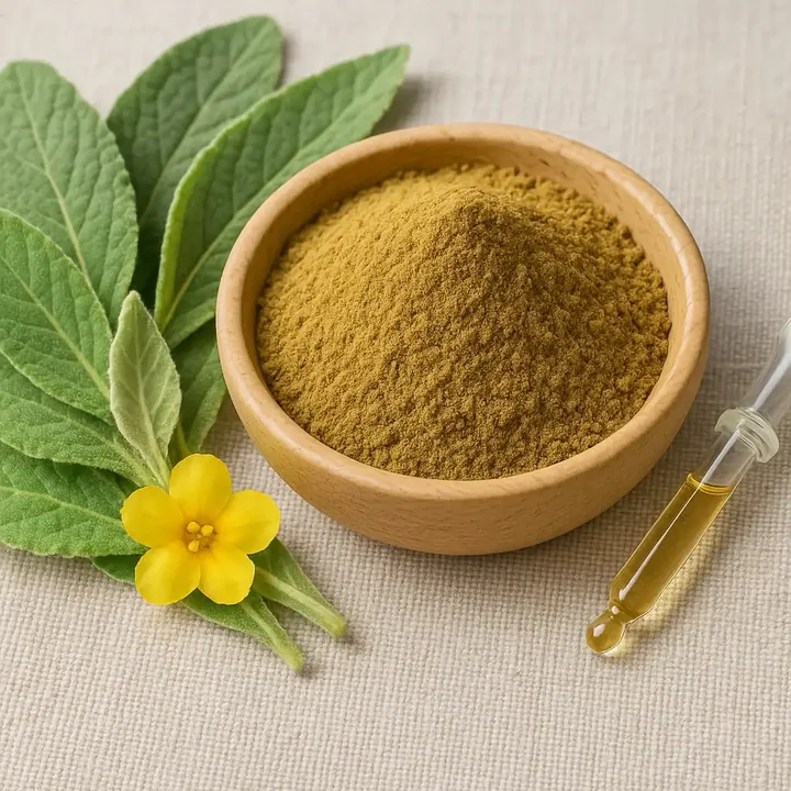 Dried mullein leaf in a wooden bowl beside fresh woolly mullein leaves and yellow flowers